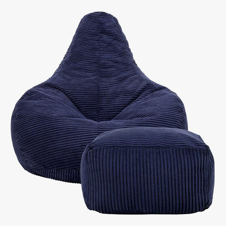 Dalton Cord High Back Bean Bag Recliner - Navy Blue | Bean Bag & Footstool Bundle