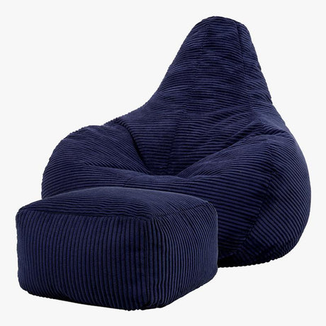 Dalton Cord High Back Bean Bag Recliner - Navy Blue | Bean Bag & Footstool Bundle