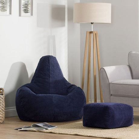 Dalton Cord High Back Bean Bag Recliner - Navy Blue | Bean Bag & Footstool Bundle