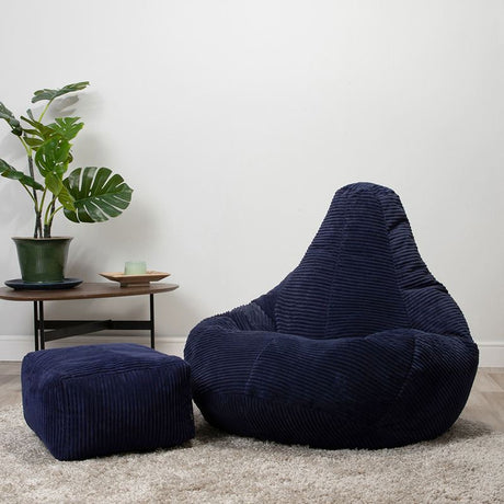 Dalton Cord High Back Bean Bag Recliner - Navy Blue | Bean Bag & Footstool Bundle