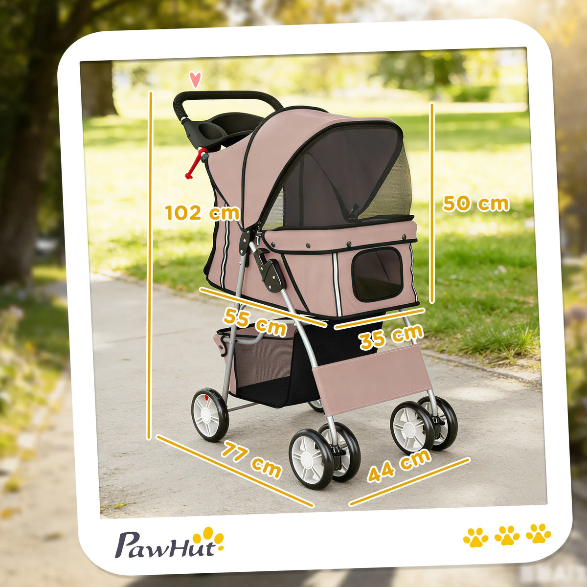PawHut Dog Pram, Pet Stroller with Reflective Strips, Foldable Cat Stroller with 360 Swivel Wheels, Brown