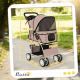 PawHut Dog Pram, Pet Stroller with Reflective Strips, Foldable Cat Stroller with 360 Swivel Wheels, Brown