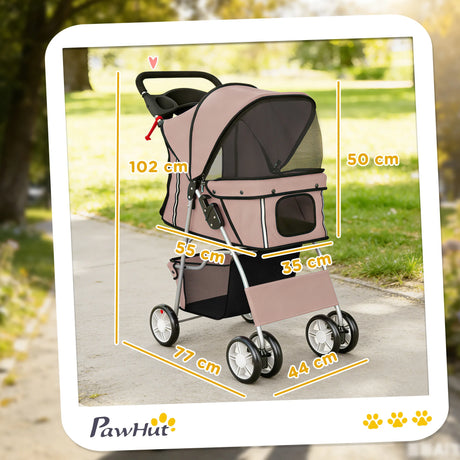 PawHut Dog Pram, Pet Stroller with Reflective Strips, Foldable Cat Stroller with 360 Swivel Wheels, Brown