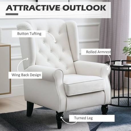 HOMCOM Wingback Accent Chair, Retro Upholstered Button Tufted Occasional Chair for Living Room and Bedroom, Cream White