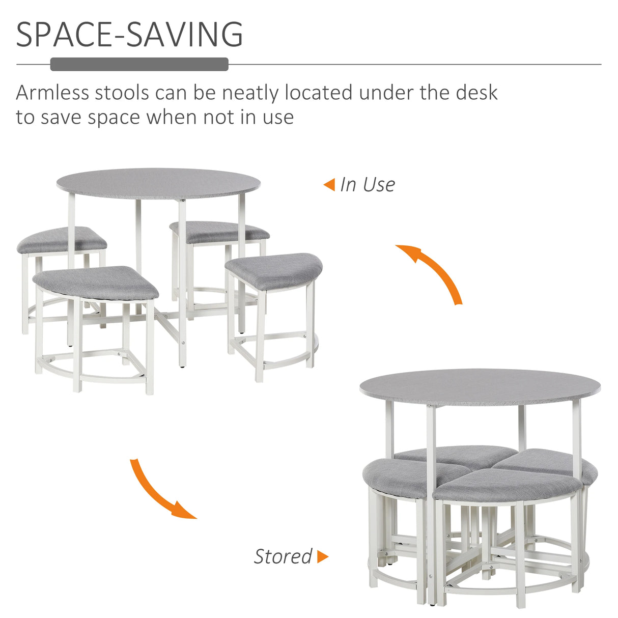 HOMCOM Modern Round Dining Table Set with 4 Upholstered Stools for Dining Room, Kitchen, Grey