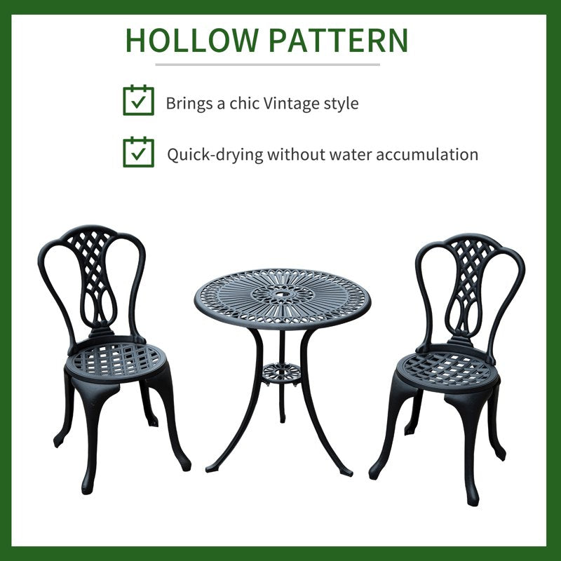 Outsunny 3 Piece Patio Cast Aluminium Bistro Set Garden Outdoor Furniture Table and Chairs Shabby Chic Style