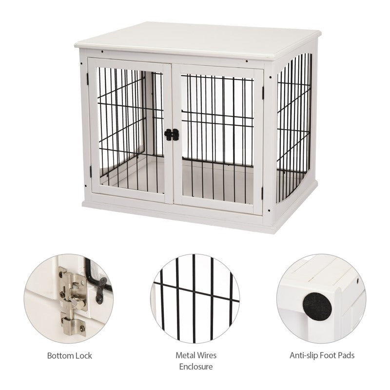 PawHut Dog Crate, Furniture Style Puppy Cage End Table, Pet Kennel House with 3 Doors for Small Dog, White 81 x 58.5 x 66 cm