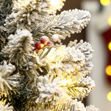 HOMCOM 60 cm Prelit Small Christmas Tree with 35 LED Lights, Snow Flocked Tabletop Mini Xmas Tree with 72 Dense Branches, Pine Cones, Berry Clusters and Linen Cover Base, Battery Operated, Green