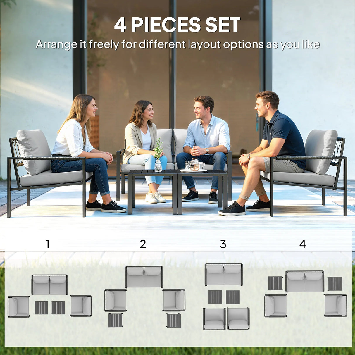 Outsunny 5 Piece Metal Garden Furniture Sofa Set with Thickened Cushions, Loveseat, 2 Armchairs, 2 Coffee Tables, Light Grey