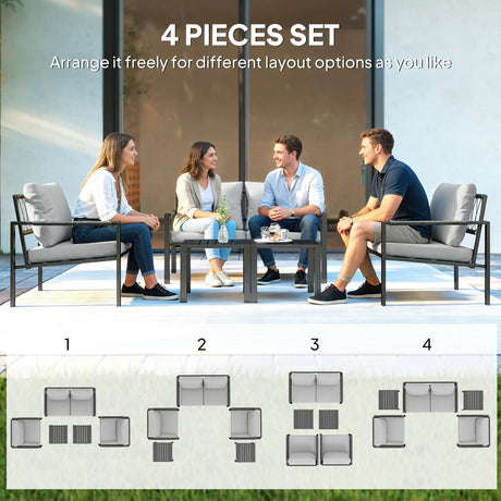 Outsunny 5 Piece Metal Garden Furniture Sofa Set with Thickened Cushions, Loveseat, 2 Armchairs, 2 Coffee Tables, Light Grey