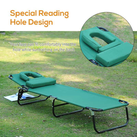 Outsunny Foldable Outdoor Sun Lounger Adjustable Backrest Reclining Chair with Pillow and Reading Hole Garden Beach, Dark Green