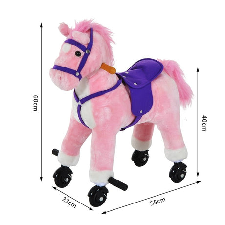 HOMCOM Rocking Horse Kids Ride on Walking Horse Animal Pony Wheeled Riding Plush Toy w/Sound for 3 Years and Up (Pink)