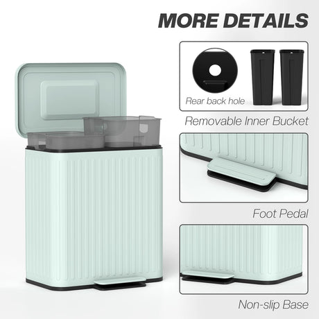 HOMCOM 40L Dual Compartment Rubbish Bin, with Soft-Close Lid - Green