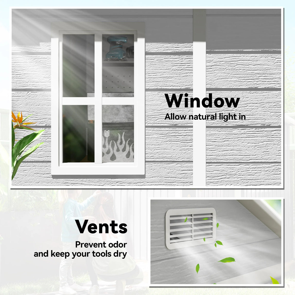 Outsunny 6 x 5ft Garden Shed, Plastic Shed with Floor, Window, Lockable Doors and Vents, Wood Effect Resin Tool Shed for Outdoor Patio, Light Grey