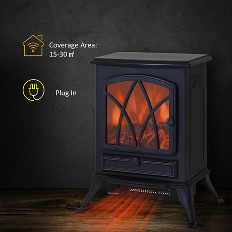 HOMCOM Electric Stove Heater with Realistic Flame Effect, 2000W Portable Indoor Freestanding Electric Fireplace with Adjustable Thermostat, Black