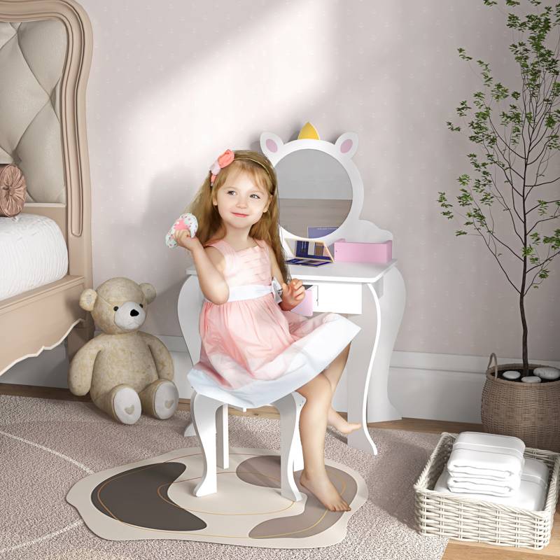 ZONEKIZ Unicorn-Design Kids Dressing Table, with Mirror and Stool - White