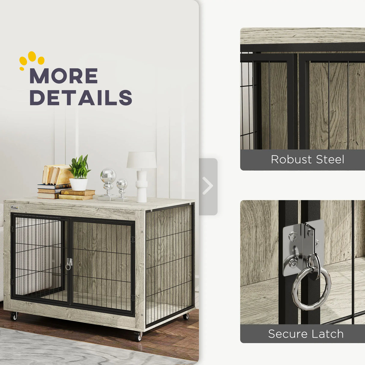 PawHut Dog Crate Furniture with Wheels, Double Doors, for Large Dogs, Grey