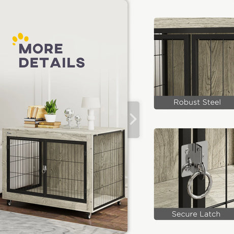 PawHut Dog Crate Furniture with Wheels, Double Doors, for Large Dogs, Grey