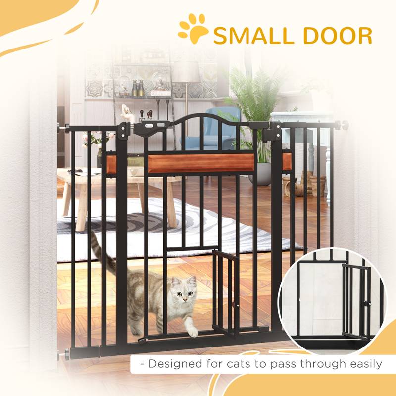 PawHut Pet Gate Safety Gate, with Cat Flap, Auto Close, for Staircases, Doorways, Hallways, 74-105cm Wide - Black