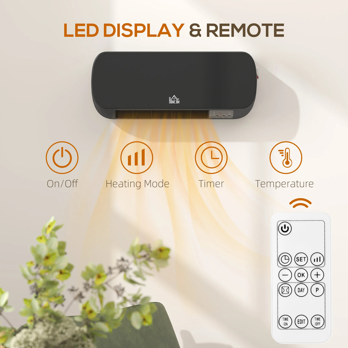 HOMCOM 2000W Wall Mounted Ceramic Space Heater, 10-49C Temperature, Black