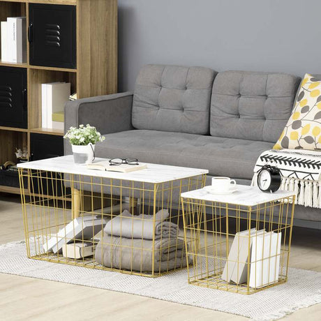 HOMCOM Nest of Tables, Side Tables Set of 2 with Marble Effect board and Wire Metal Frame, Coffee Tables for Living Room, Bedroom, White and Gold