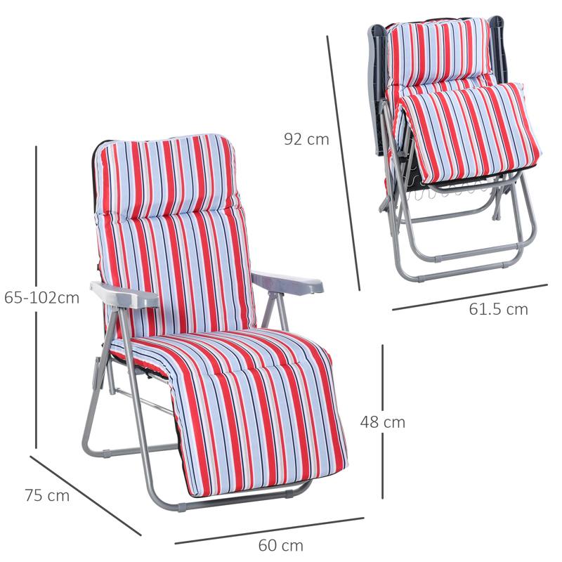 Outsunny Set of 2 Garden Sun Lounger Outdoor Reclining Seat Cushioned Seat Foldable Adjustable Recliner Red and White