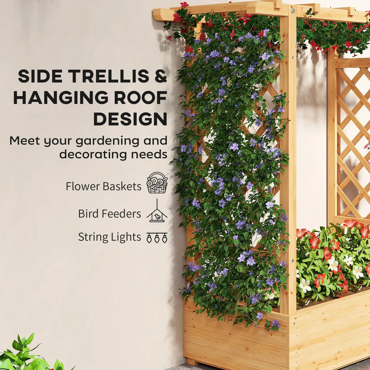 Outsunny Garden Planter with Trellis, Wooden Raised Bed for Garden with Hanging Roof and Drainage Holes, Outdoor Trellis Planter Box for Vegetables, Herbs and Flowers, 110 x 44 x 113 cm, Natural