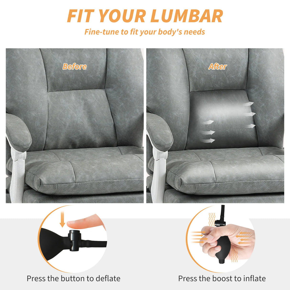 HOMCOM Faux Leather Office Chair, with Inflatable Lumbar - Grey