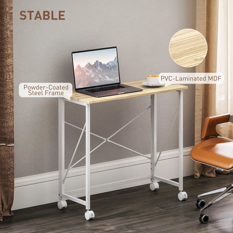 HOMCOM 80 cm Folding Desk on Wheels - Natural Tone