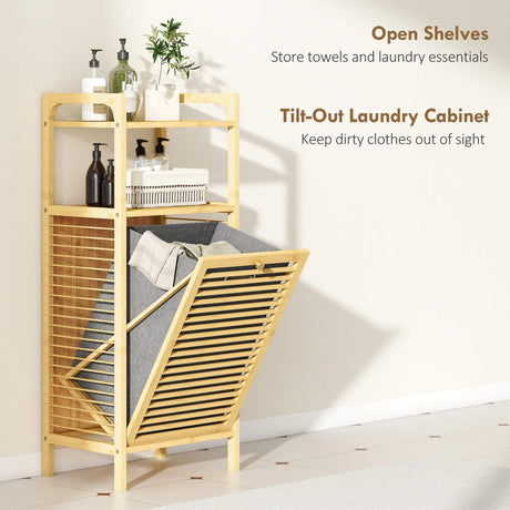 HOMCOM Bamboo Laundry Cabinet with Slatted Door, Bathroom Cabinet with Tilt-Out Hamper and Removable Liner Bag, 40 x 30D x 95 cm, Natural Wood Finish