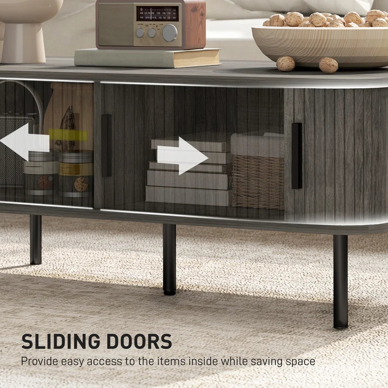 HOMCOM Coffee Table with Storage, Living Room Table with Slatted Tambour Sliding Doors and Foot Pads, Rectangular Coffee Table with Elevated Base for Living Room, Grey Wood-Effect
