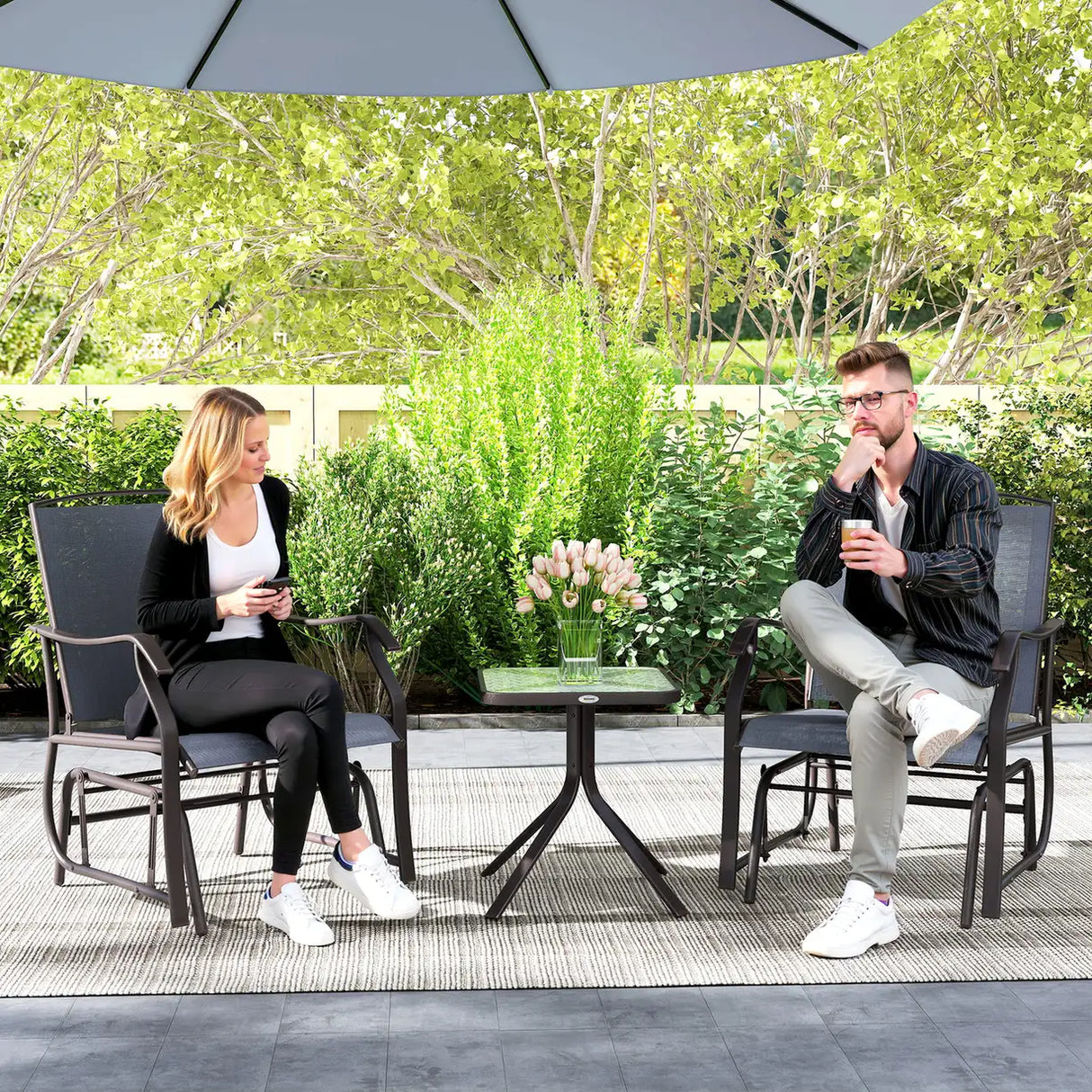 Outsunny Glider Rocking Chair & Table Set 2 Single Seaters Rocker Garden Swing Chair Patio Furniture Bistro Set Grey