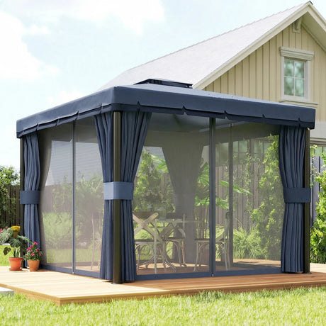 Outsunny 3 x 3(m) Patio Gazebo Canopy Garden Pavilion Tent Shelter Marquee with 2 Tier Roof, Netting and Curtains, Dark Blue