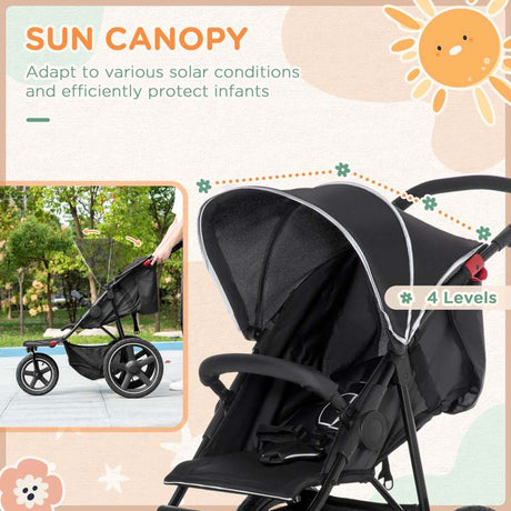 HOMCOM Foldable Three-Wheeler Baby Stroller w/ Canopy, Storage Basket - Black