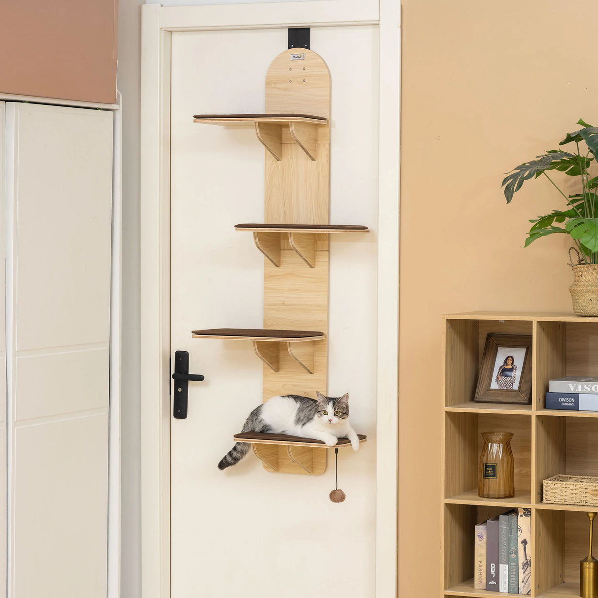 PawHut 4-Level Door Mounted Cat Tree with Washable Plush Mats, Toy Balls, Door Hanging Cat Shelf for Indoor Cats