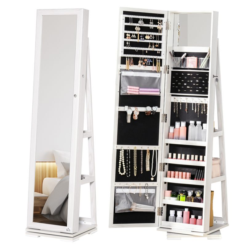 HOMCOM 360 Swivel Jewellery Cabinet with Full Length Mirror, Lockable Jewellery Organiser with Built-in Makeup Mirror and Storage Shelves for Bedroom, White