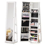 HOMCOM 360 Swivel Jewellery Cabinet with Full Length Mirror, Lockable Jewellery Organiser with Built-in Makeup Mirror and Storage Shelves for Bedroom, White