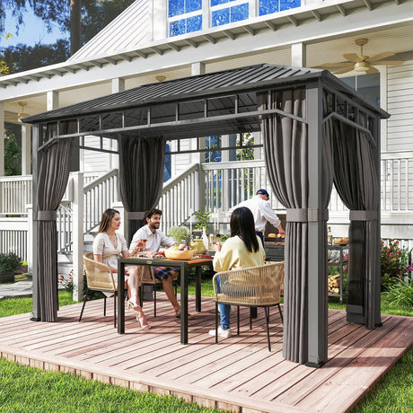 Outsunny 2 x 3.5 m Hardtop Gazebo with Galvanised Steel Roof, Waterproof Permanent Pavilion Garden Gazebo with Netting and Curtains for Patio, Deck, Dark Grey