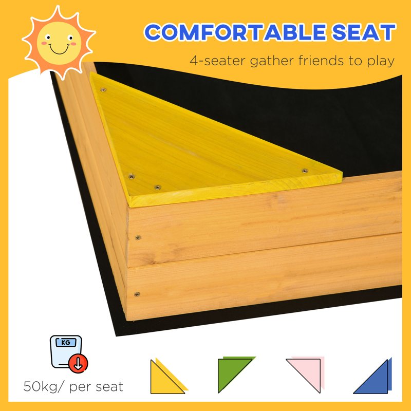 Outsunny Kids Wooden Sand Pit, Children Sandbox, with Four Seats, Non-Woven Fabric, for Gardens, Playgrounds