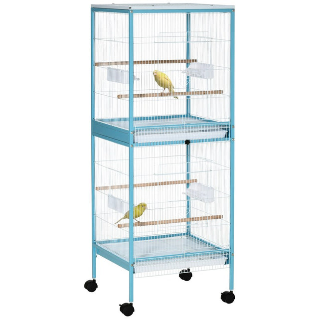 PawHut Bird Cage Budgie Cage 2 In 1 Large Aviary with Wheels Removable Trays for Finch Canaries Cockatiels Light Blue