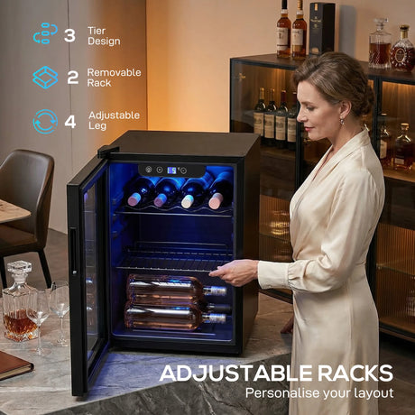 HOMCOM 16 Bottle Wine Cooler, 48 Litre Capacity, 4-16C Under Counter Drinks Beer Wine Fridge with Glass Door, LED Light, Black