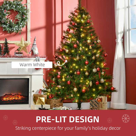 HOMCOM 1.8m 6ft Pre-Lit Christmas Tree Artificial Spruce Xmas Tree Warm White LED Holiday Décor with Metal Stand