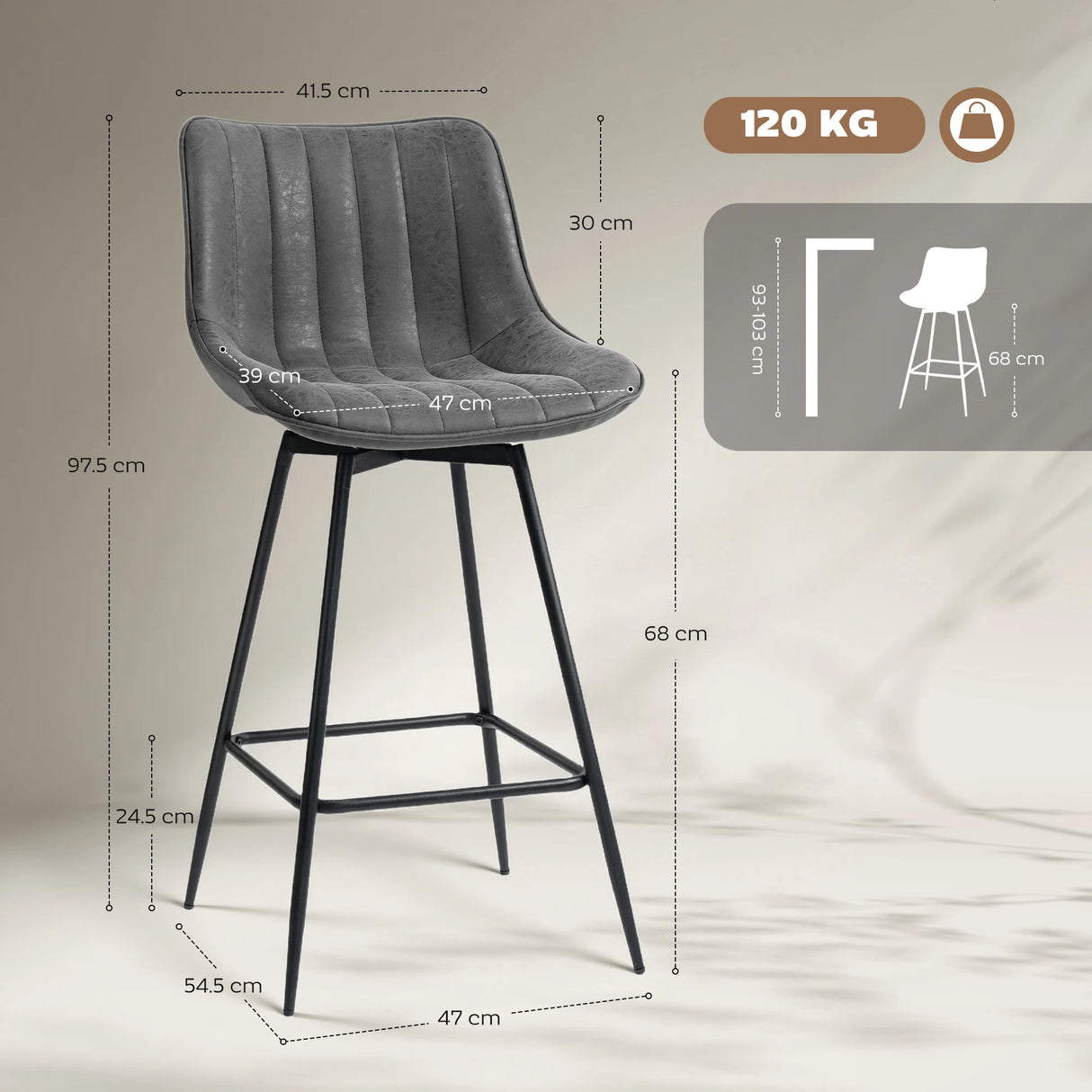 HOMCOM Set of 2 PU Leather Swivel Bar Stools - Grey