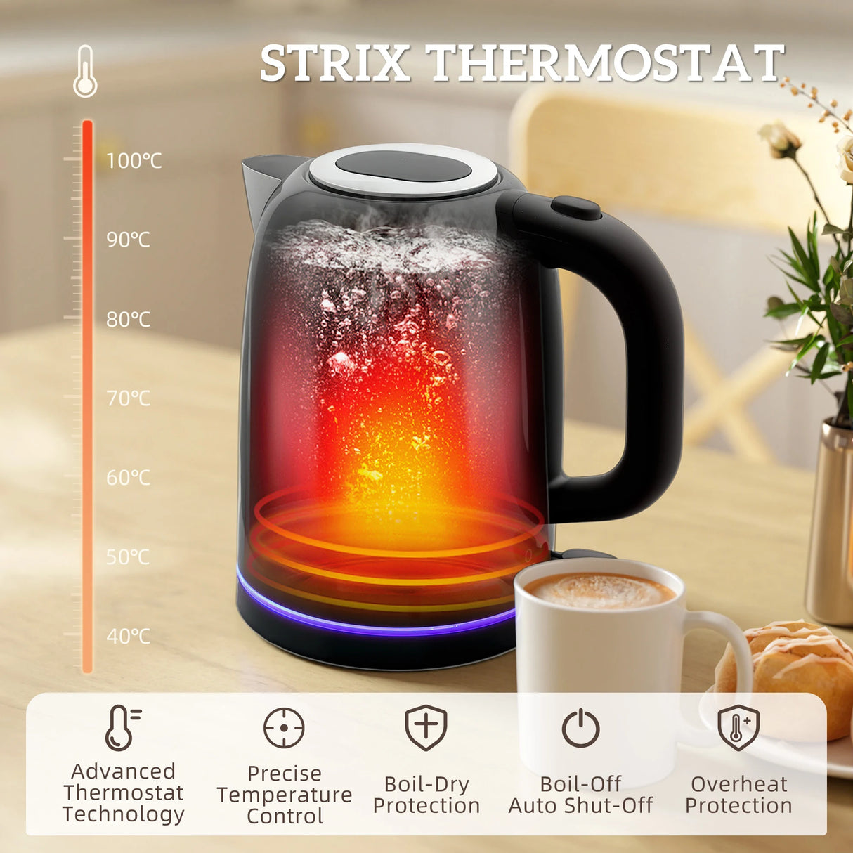 HOMCOM Kettle and Toaster Set, 1.7L 3000W Rapid Boil Jug Kettle with Strix Thermostat, Limescale Filter, 4 Slice Toaster with 7 Browning Controls, Crumb Tray, Black