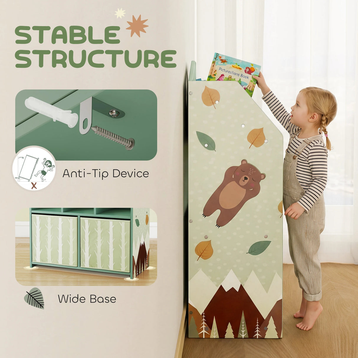 AIYAPLAY Kids Bookshelf with Storage, Toy Storage Unit with Book Display, Shelves and Fabric Drawers for Playroom Nursery, Green