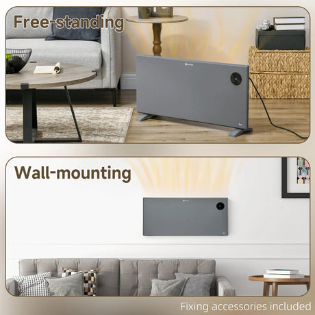 HOMCOM 2000W Electric Convector Heater, Freestanding or Wall Mounted, Space Heater with Adjustable Thermostat, Timer, Grey