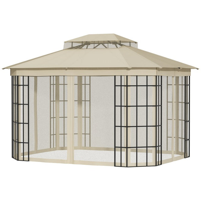 Outsunny 3.7 x 3(m) Patio Gazebo Canopy Garden Tent Shelter with 2 Tiers Roof and Mosquito Netting, Metal Frame, Beige