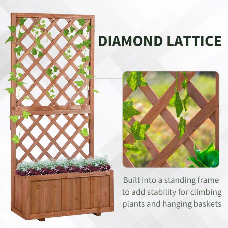 Outsunny 72.5 x 31.5 x 149.5 cm 45L Garden Wooden Pine Trough Planter with Topped Trellis Climbing Plants Flower Raised Bed, Orange