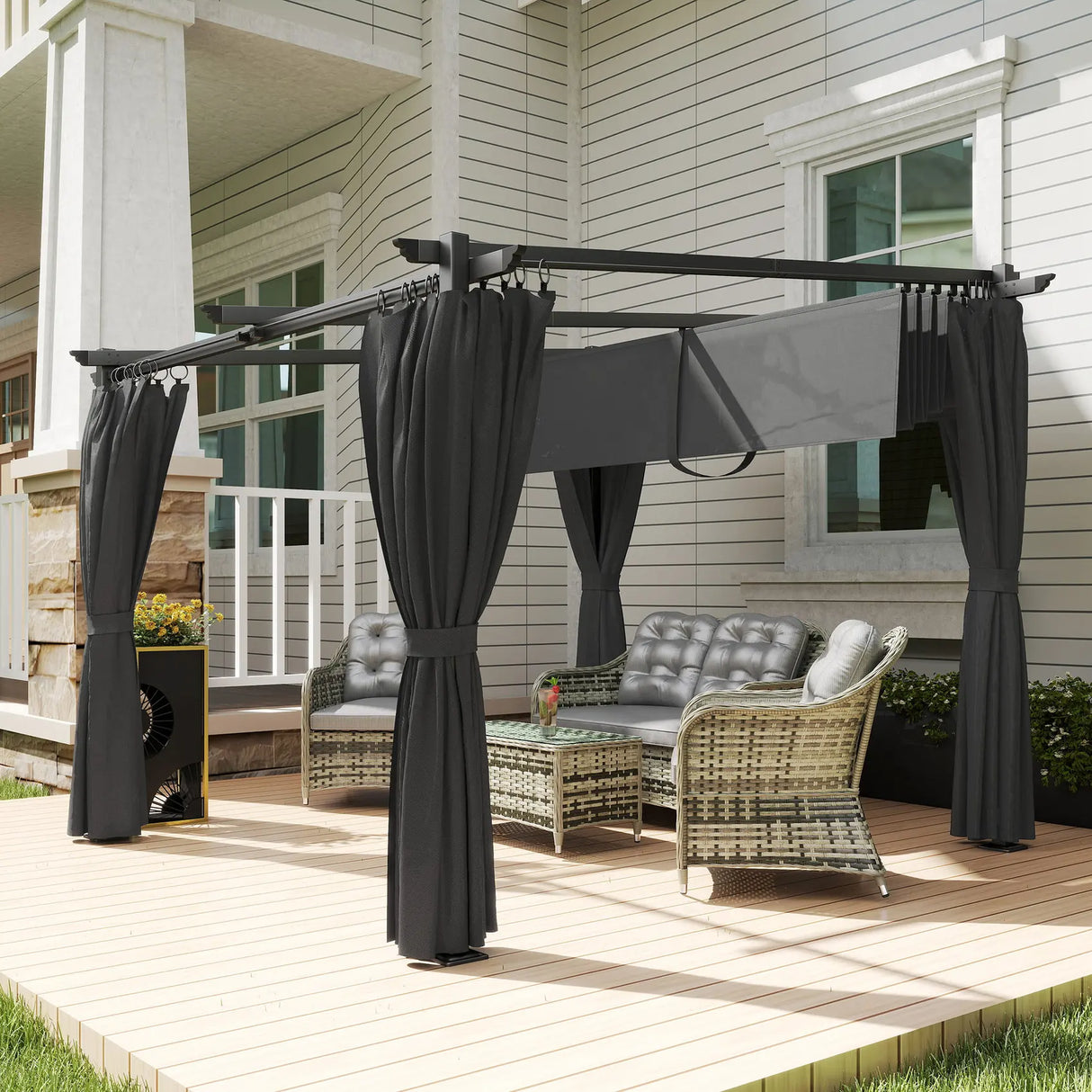 Outsunny 3 x 3 m Retractable Roof Pergola, with Curtains - Dark Grey