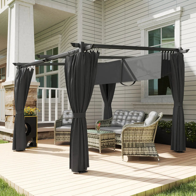 Outsunny 3 x 3 m Retractable Roof Pergola, with Curtains - Dark Grey